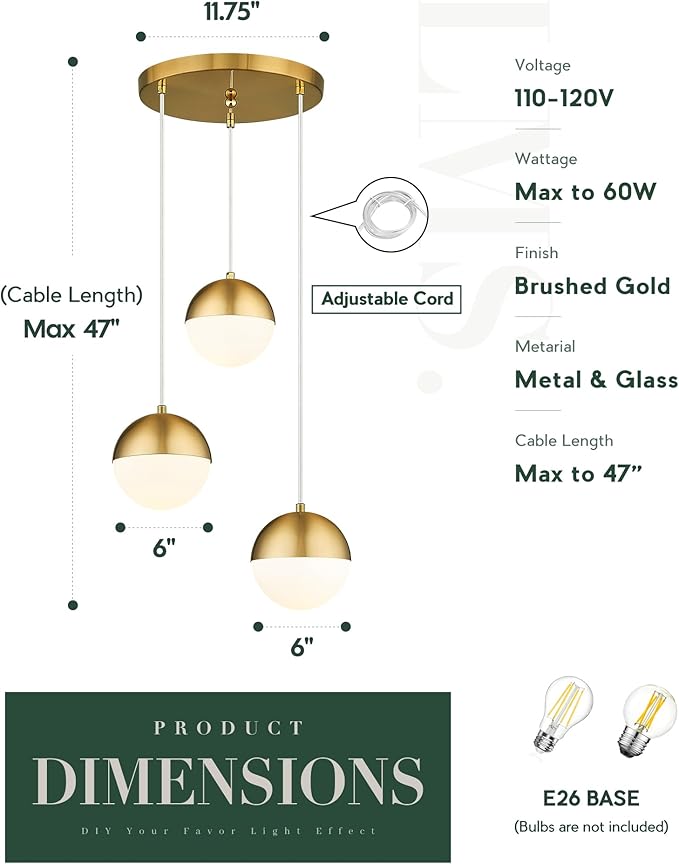 LMS Brushed Gold 3-Light Cluster Pendant Lights, Modern Kitchen Island Lighting with White Globe Glass Shade, Adjustable Hanging Cord Ceiling Light for Bathroom Bedroom Dining Room, LMS-186BG3