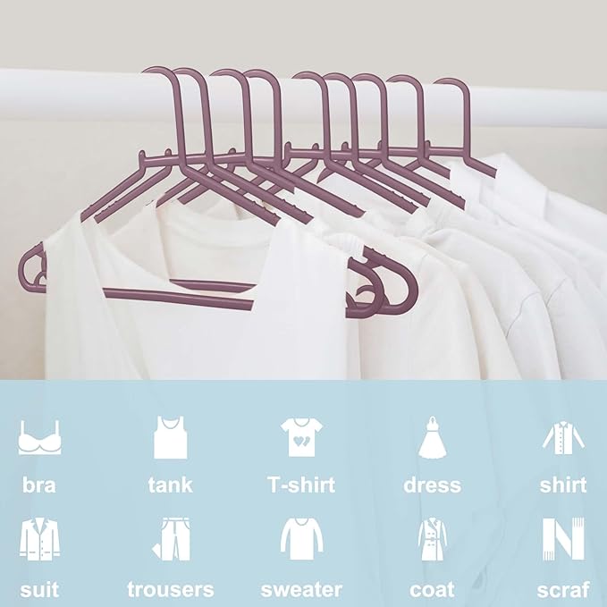 Plastic Hangers 50 Pack, Light Weight Durable Clothes Hangers with Hooks Standard Size G-Shape&Non-Slip Coat Hangers for Everyday Use (Purple)