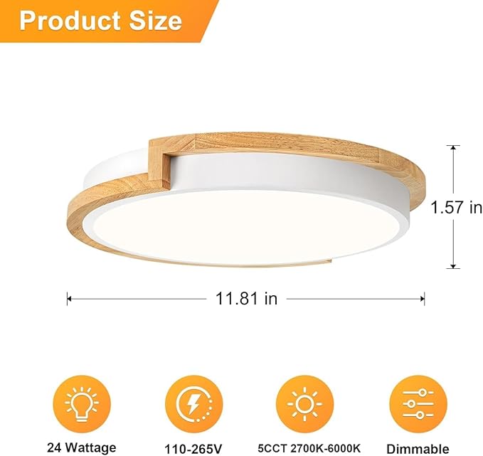 Dimmable Wood LED Flush Mount Ceiling Lights, 5CCT 2700K-6000K White Hallway Lighting Fixtures, Minimalist Round Ceiling Lamp for Bedroom Laundry Room Kitchen Entryway Bathroom 11.8in