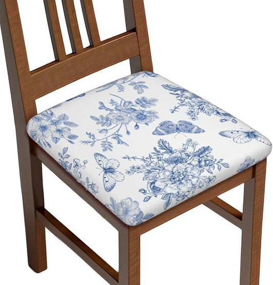 Blue White Floral Butterfly Flower French Office Computer Chair Seat Covers Set of 1, Soft Stretch Rotating Desk Chair Seat Cushion Protectors