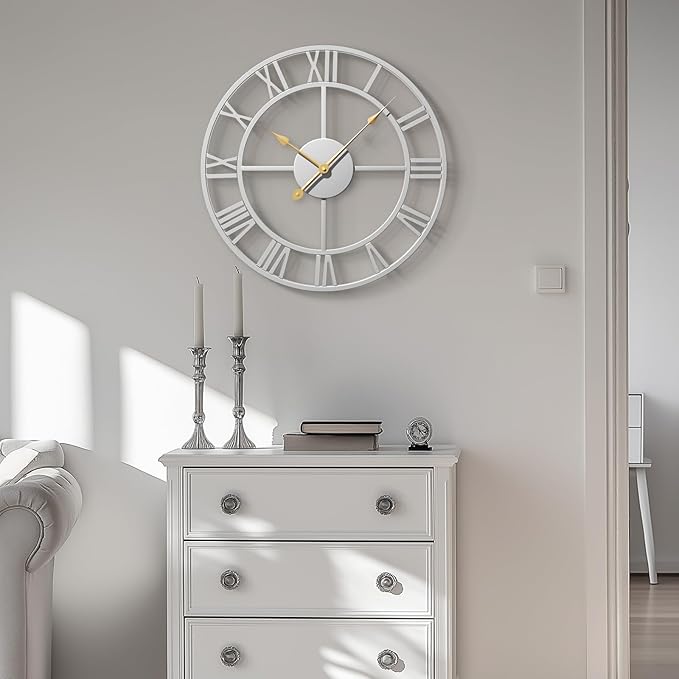 16 inch Wall Clock Silver, Modern Decorative Metal Clock Silent Non Ticking, Battery-Operated Round Clock Roman Numeral Analog for Living Room, Kitchen, Bedroom, Office, Home Decor