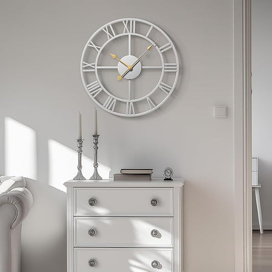 16 inch Wall Clock Silver, Modern Decorative Metal Clock Silent Non Ticking, Battery-Operated Round Clock Roman Numeral Analog for Living Room, Kitchen, Bedroom, Office, Home Decor