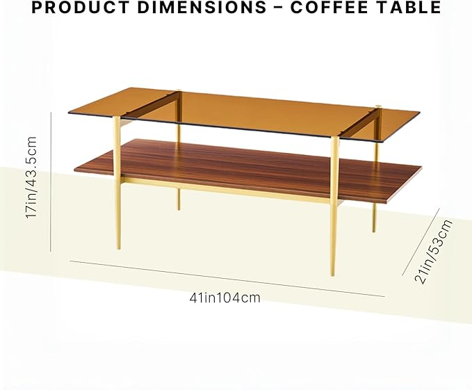 Shrine Rectangle Coffee Table, Mid-Century Modern Design, 2-Tier Structure, Amber Glass Top and Walnut MDF Shelf, 41" D x 21" W x 17" H, Sleek Conical Metal Legs with Gold Finish
