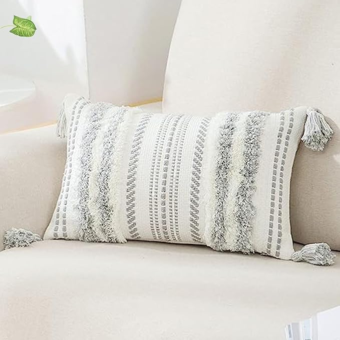 decorUhome Decorative Boho Throw Pillow Cover 12x20, Lumbar Accent Neutral Textured Tufted Pillow Cover Striped for Couch Bed Sofa, Grey and Cream White, Pack of 1