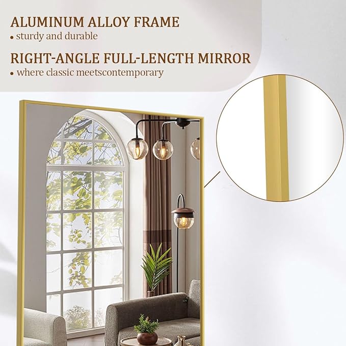 Koonmi Large Mirrors for Wall, 65"x24" Full Length Mirror with Stand, Full Body Mirror with Aluminum Alloy Frame, Hanging or Leaning Against Wall, Floor Standing Mirrors for Bedroom Living Room, Gold