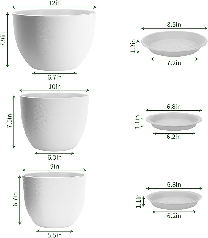 GARDIFE 12/10/9 inch Plant pots, Plastic Large planters for Indoor Plants, Flower pots, White