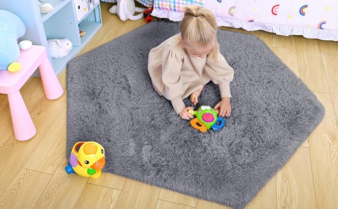 junovo Ultra Soft Rug for Nursery Children Room Baby Room Home Decor Dormitory Hexagon Carpet for Playhouse Princess Tent Kids Play Castle, Diameter 4.6 ft, Grey