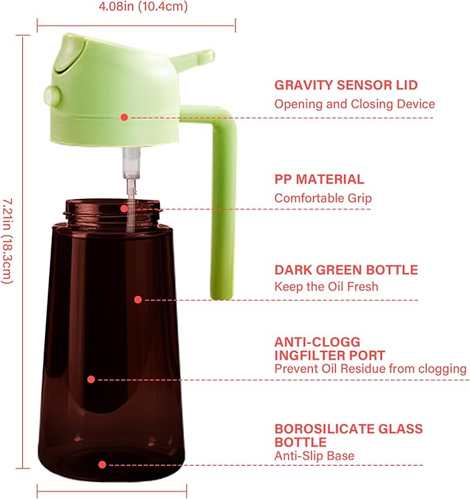 16oz Oil Dispenser Bottle for Kitchen - 2 in 1 Olive Oil Dispenser and Oil Sprayer - 470ml Olive Oil Bottle - Oil Sprayer for Cooking, Kitchen, Salad, Barbecue Black (Wine red with green lid)