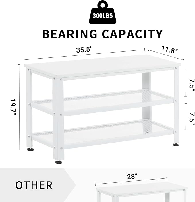 Apicizon White Shoe Rack, 35.5 Inches 3-Tier Shoe Rack for Entryway with Long Seat and Metal Shelves for Garage, Entryway Bench for Hallway Front Door, Mudroom, Doorway, Living Room, Bedroom