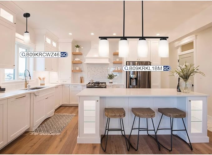 Farmhouse Dining Room Pendant Light Fixtures in Black Finish, 4-Lights Island Lighting with Opal White Glass Shades for Kitchen