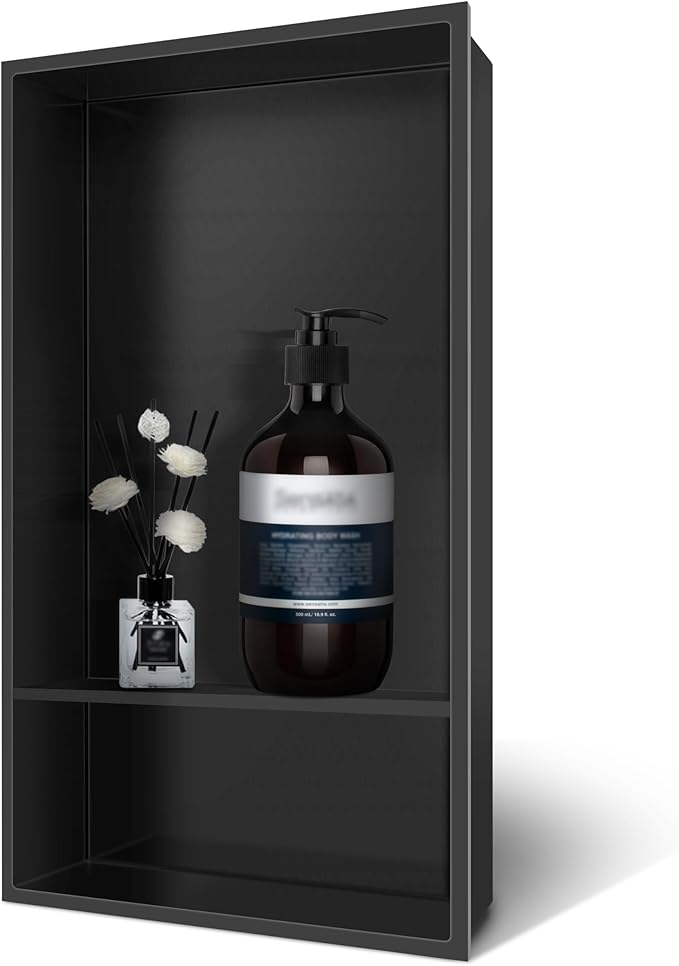 12" X 25" Stainless Steel Shower Niche Insert Tile Ready, Niche for Shower Wall, 2-Tier Recessed Shelves No Tile Needed for Bathroom Storage, Matte Black