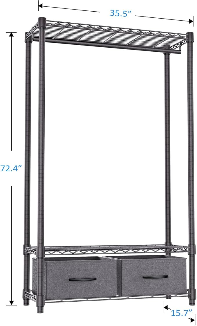 IZEUK Heavy Duty Clothes Rack with Drawers, Metal Freestanding Garment Rack for Hanging Clothes with 1 Rod & 2 Drawers, Adjustable Closet Wardrobe Organizer, 15.7" D x 35.5" W x 72.4" H, Dark Grey