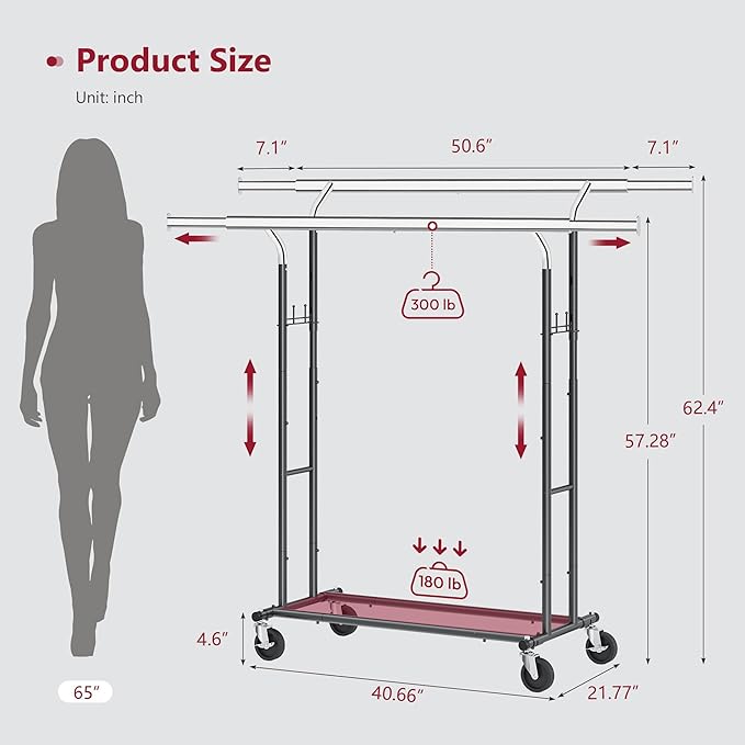 Tajsoon Double Rod Clothes Rack Load 480 LBS, Heavy Duty Rolling Garment Rack with Wheels, Collapsible Clothing Rack for Hanging Clothes, Commercial Adjustable Clothes Rack with Shelf, Black