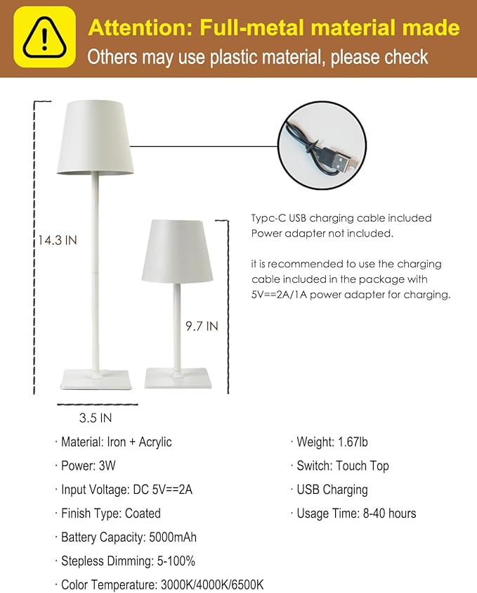 Cordless Table Lamp, Rechargeable Table Lamp with Touch Dimmable Control, Portable LED Desk Lamp for Indoor Patio (White-Rectangle, 2)