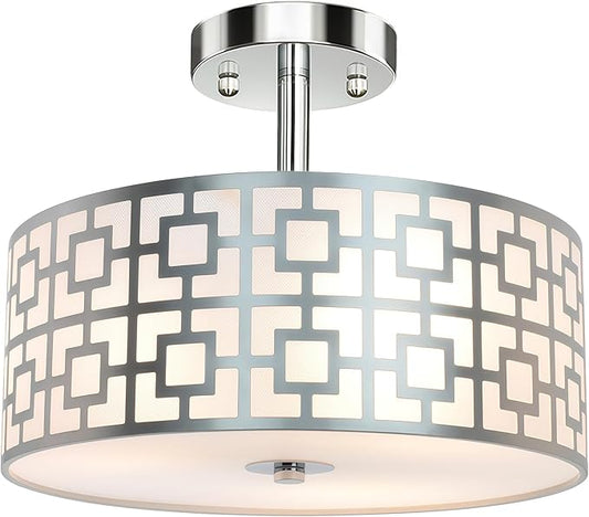 DLLT Flush Mount Ceiling Light: Modern 3-Light Brushed Nickel Kitchen Light Fixture - Drum Lighting Fixture for Dining Room - Silver Bedroom Ceiling Lamp with Double Shade