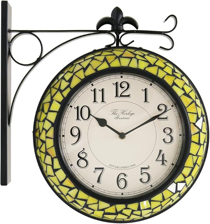 BESTIME 66298 Double Sided Wall Clock with Stained Glass.Dial: 10-Inch,Quiet,Easy Read,Retro Station,Antique Hanging Clocks for Garden,Home Decor,Indoor,Outdoor,Living Room.