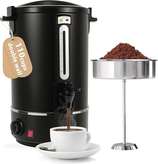 Commercial Coffee Urn，110 Cups/16.5L Black Stainless Steel Large Coffee Dispenser，Double Wall Electric Coffee Urn，Electric Coffee Maker Urn，Commercial Percolate Coffee Maker Hot Water Urn