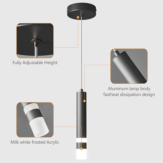 Modern Pendant Light Kitchen Fixture Dimmable LED Black Mini Pendant Lighting fo Kitchen Island Bedroom Bedside Table Small Pendant Lights (1-Pack)