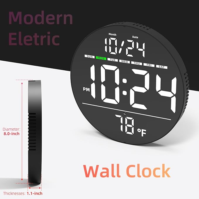 Digital Wall Clock with Large LED Display, Date, Temperature, Auto-Brightness | Small [PLUG-IN] Clock | Modern Electric Wall Clock for Bedroom, Classroom, Living Room, Home, Office, Farmhouse – White