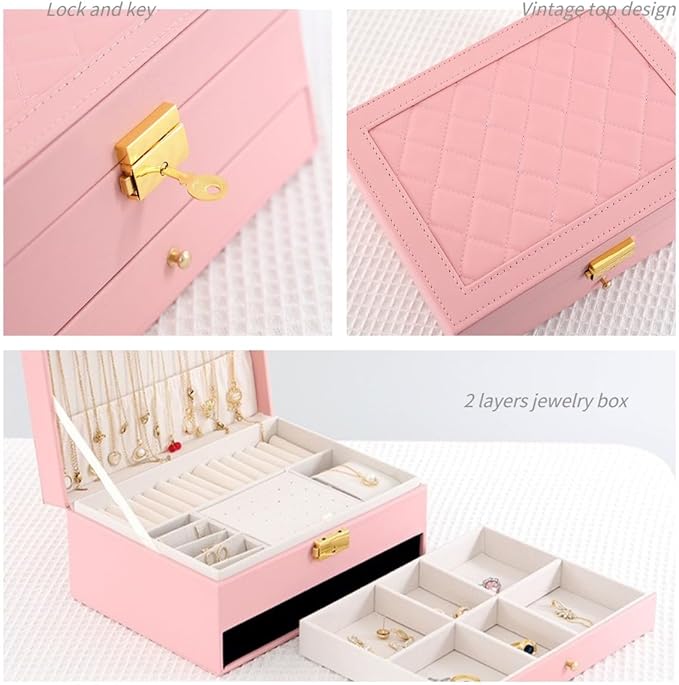 Jewelry Organizer Box for Women - Large PU Leather Jewelry Organizer Storage Case with Two Layers Display for Earrings Bracelets Rings Watches (Pink)