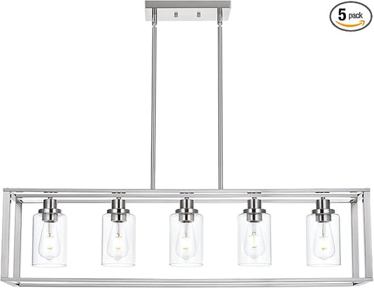 VINLUZ 5 Light Industrial Modern Dining Room Chandelier in Brushed Nickel Finish with Clear Glass Shade Classic Pendant Island Lighting Fixture for Living Room Bedroom