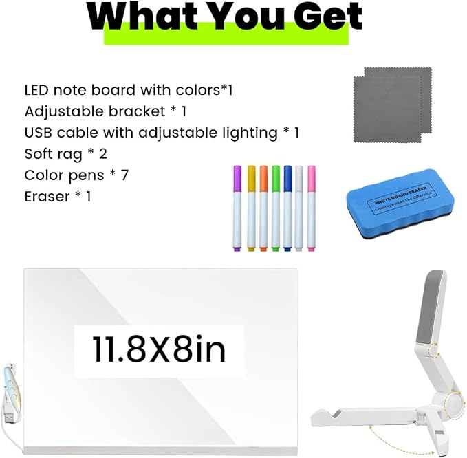 LED Note Board with Colors, 7-Color Acrylic Dry Erase Board with Light, 4 Dynamic Modes, 7 Markers and Eraser, LED Light-Up Memo Board for Kids, Home, Office, and Parties (11.8 * 8)