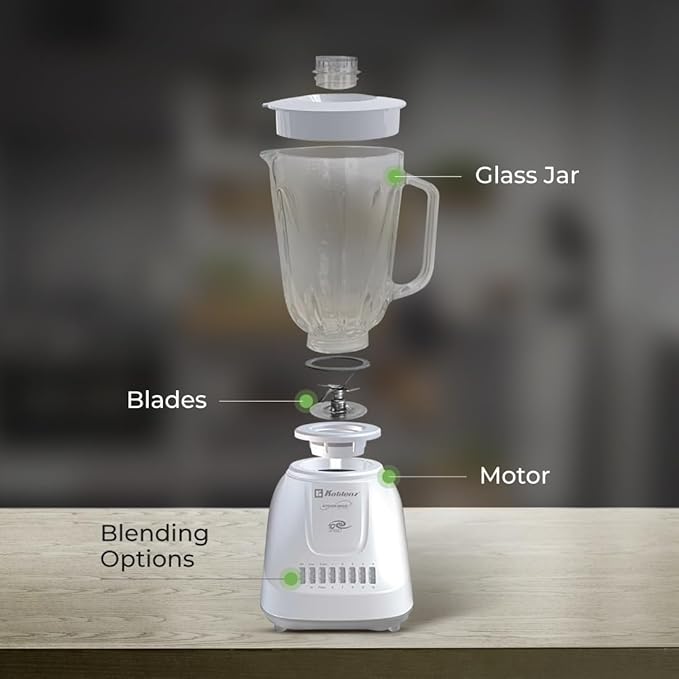 Koblenz 51-oz Glass Jar Blender, 10 Speed and 2 Pulse Blender, Countertop Blender with Stainless Steel Blades, Perfect for Shakes and Smoothies, 500-Watt Motor, White, LKM-5910 VB