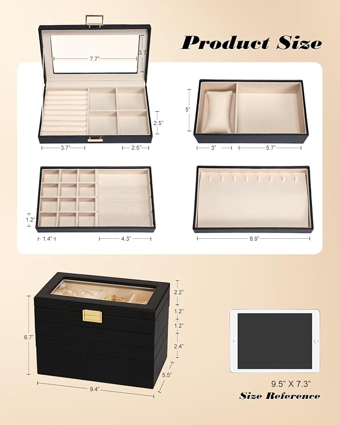 Homde Jewelry Tray Stackable Jewelry Box Drawer Organizer with Glass Lid, Removable Dividers for Vanity Table Gift Idea for Girls and Women (Black)