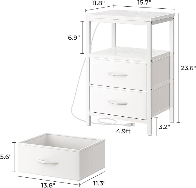 Huuger Nightstands Set of 2, End Tables with Charging Station, Side Tables with Fabric Drawers, Bedside Tables with USB Ports and Outlets, Night Stands for Bedroom, White
