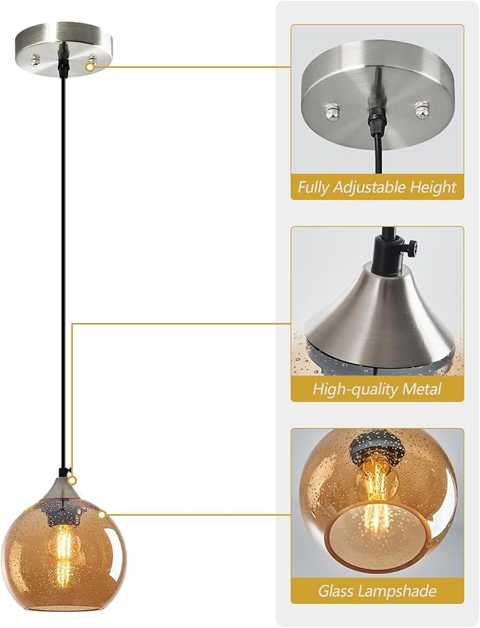 Amber Glass Pendant Lights Kitchen Island Globe Pendant Light Fixtures Modern Pendant Lighting for Bedroom Living Dining Room Light Fixture (5.9 in, 2 Pack)