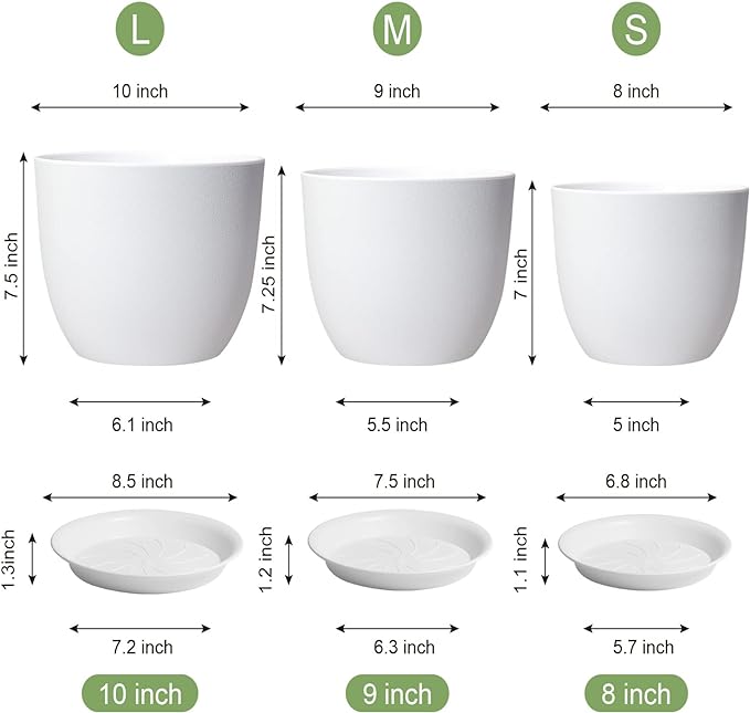 WOUSIWER Plant Pots 10/9/8 inch, Set of 3 Modern Decorative Plastic Planters with Drainage Holes and Saucers for House Plants Indoor Flowers Plants, White