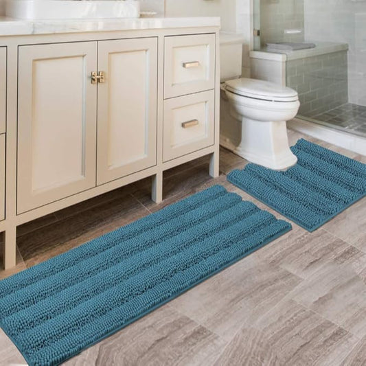 H.VERSAILTEX Bathroom Rugs Bath Rug Set 2 Piece Bathroom Contour Rug Toilet Mat Sets Non Slip Contour Bath Rug Ultra Thick Water Absorbent Striped Bath Mats(47" x 17" Plus 20" x 20" U, Turquoise Blue)