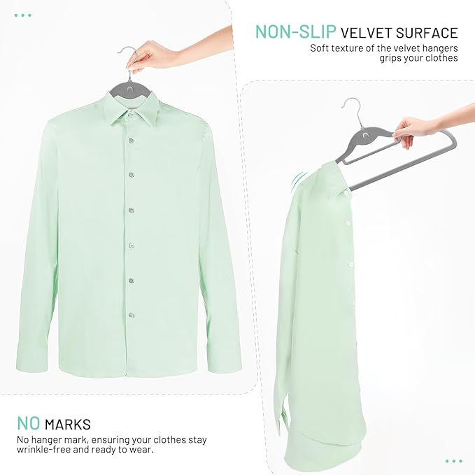 Velvet Hangers 30 Pack, STOPKLAS Grey Clothes Hangers Non Slip Felt Hanger with 360° Swivel Hook, Thin Hangers Space Saving, Heavy Duty Closet Hanger for Clothes, Coats, Suits, Dress, Pants