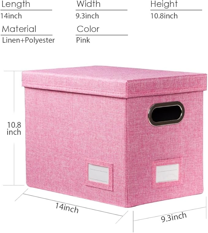 PRANDOM File Organizer Box - Set of 1 Collapsible Decorative Linen Filing Storage Hanging File Folders with Lids Office Cabinet Letter Size Pink (14x9.3x10.8 inch)