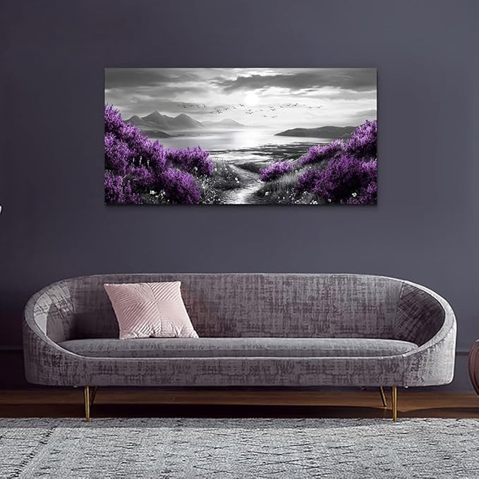 Canvas Wall Decor for Bedroom Large Wall Art for Living Room Modern Office Wall Decoration Purple Flowers Landscape Paintings Black and White Scenery Pictures Artwork Aesthetic Home Decor