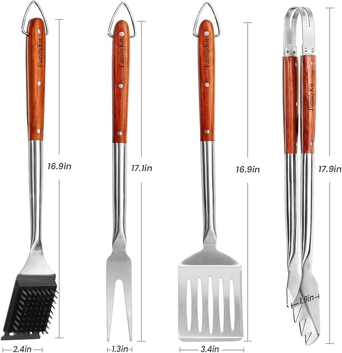 Grilling Accessories - 4Pcs Rose Wooden BBQ Grilling Tools Set, Heavy Duty Stainless Steel Barbecue Grill Tools Kit with Spatula, Clips, Brushes, Forks for Outdoor Grill, BBQ Gift for Men and Women