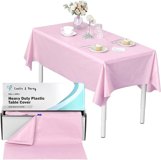 Craft And Party, 54 in x 100 feet Plastic Table Cover Roll for Party, Banquet, Picnic, Kids Activities for Any Size and Shape Table (Light Pink, 54" x 100ft)