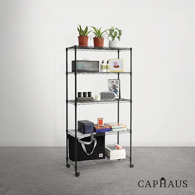 CAPHAUS 3/4/5-Tier Adjustable Height Wire Shelving Unit, Wire Rack Shelving, Metal Steel Storage Shelves, Garage Shelving Storage Organizer, Utility Storage Shelf, 5-Tier With Wheels, Black