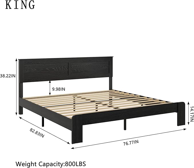 King Size Bed Frame, Rustic Vintage Platform Bed Frame with Wood Headboard and Footboard, 12 Wood Slats Support, No Box Spring Needed (Black, King)