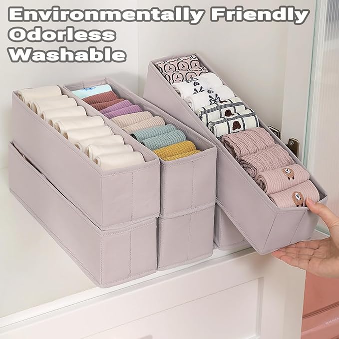 MURRI&MURRDI Mini Foldable Clothes Drawer Organizer 6 Pcs, Small Fabric Storage Organizer for Nursery, Sock, Underwear, Bra, Belt, Tie, Scarves, Gray