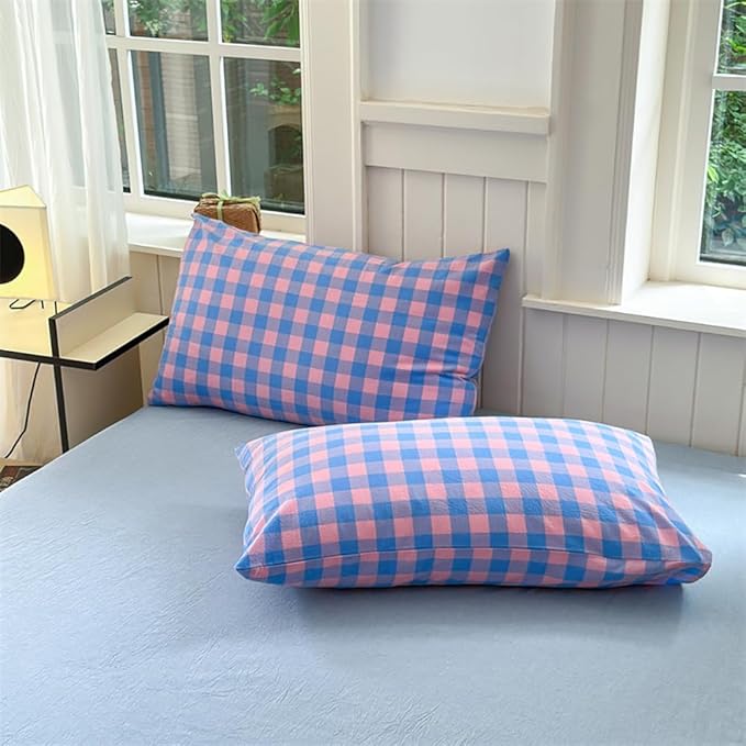 FACE TWO FACE Bedding Duvet Cover Set100% Washed Cotton Duvet Cover Linen Like Textured Breathable Durable Soft Comfy (California King, Blue Purple Grid)