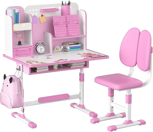 Kids Desk and Chair Set, Height Adjustable Kids Study Table and Chair Set, Children School Desk with Storage Drawer and Book Stand, Ergonomic Child Toddler Deskwith Sitting Posture Corrector (Pink 6)
