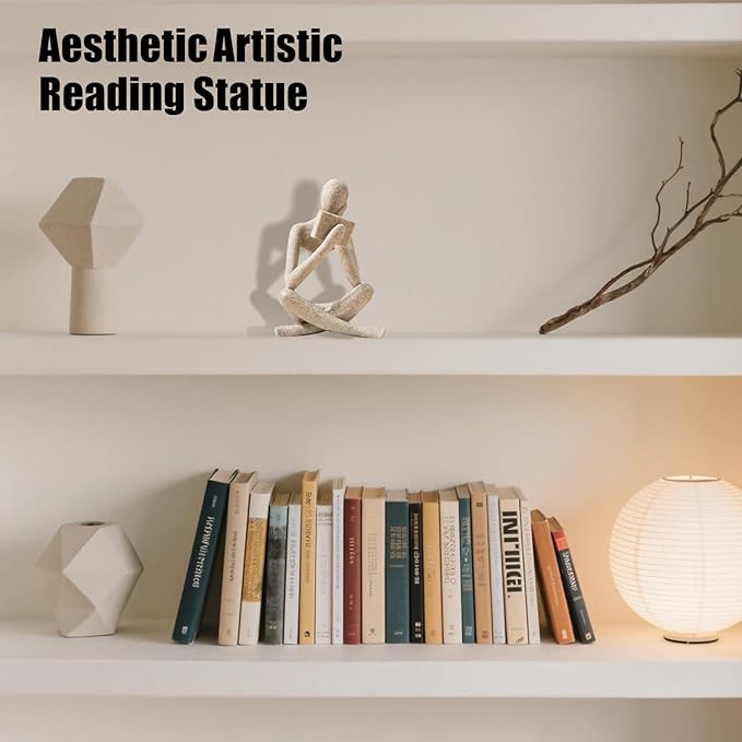 Bookshelf Decor Reading Statue - Abstract Art Thinker Sculpture Bookend for Shelves Aesthetic, Modern Home Decoration Figurine for Living Room Office Shelf Desk Coffee Table Decor(Beige Right)
