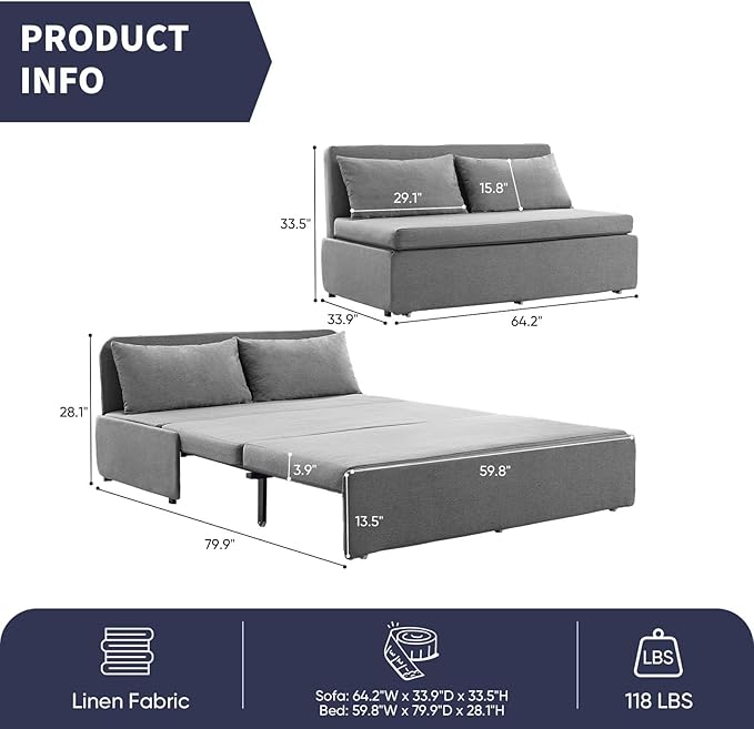 Queen Sofa Bed, Modern Pull Out Sofa Bed with Cushions & Throw Pillows, Linen Couch Beds, Convertible Sleeper Sofas Beds, Loveseat for Living Room for Small Spaces, Light Gray