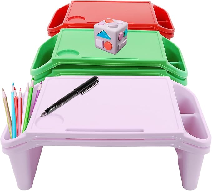 6 Pcs Kids Lap Desk Tray, Plastic Breakfast Lap Desk Trays with Storage Slots, Portable Stackable Lap Tray Table for Eating Writing Drawing Classroom, 19.69" L x 9.84" W x 7.1" H (Multicolor)