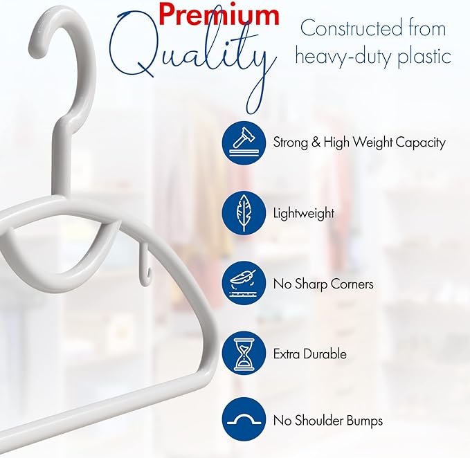 Plastic Clothes Hangers- Heavy Duty Plastic Hangers for Clothes, Coats, Dress, Suits- Non Slip Closet Cloth Hanger with Hook for Scarves, Belts & Ties- Snag Free White Hangers for Shirts (Pack of 8)