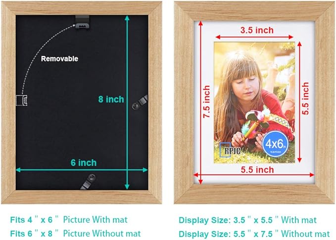 RPJC 6x8 inch Picture Frame Made of Solid Wood and High Definition Glass Display Pictures 4x6 with Mat or 6x8 Without Mat for Wall Mounting Photo Frame Natural
