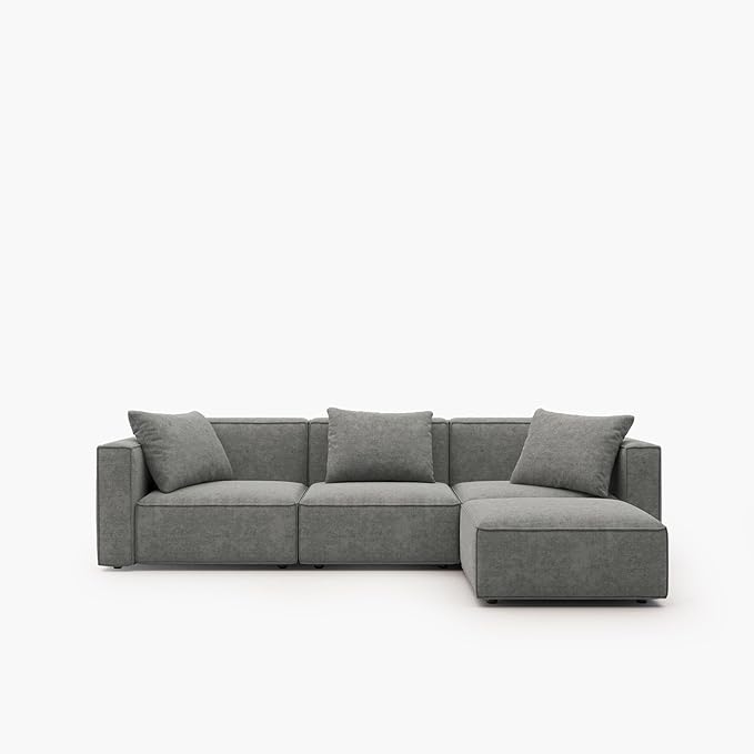 Acanva Luxury Modular Sectional Living Room Sofa Set, Modern Minimalist Style Couch with Ottoman and Chaise, L-Shape, Grey
