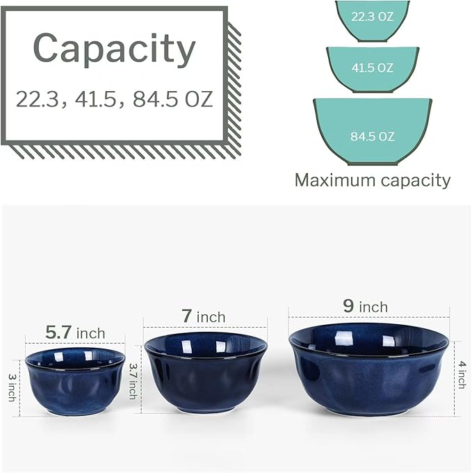 vicrays Ceramic Mixing Serving Bowl Set: Nesting Stoneware Kitchen Decorative Large Bowls for Prepping, Baking – Microwave Oven Dishwasher Safe – 9/7/5.7 inch, Set of 3 (Blue)