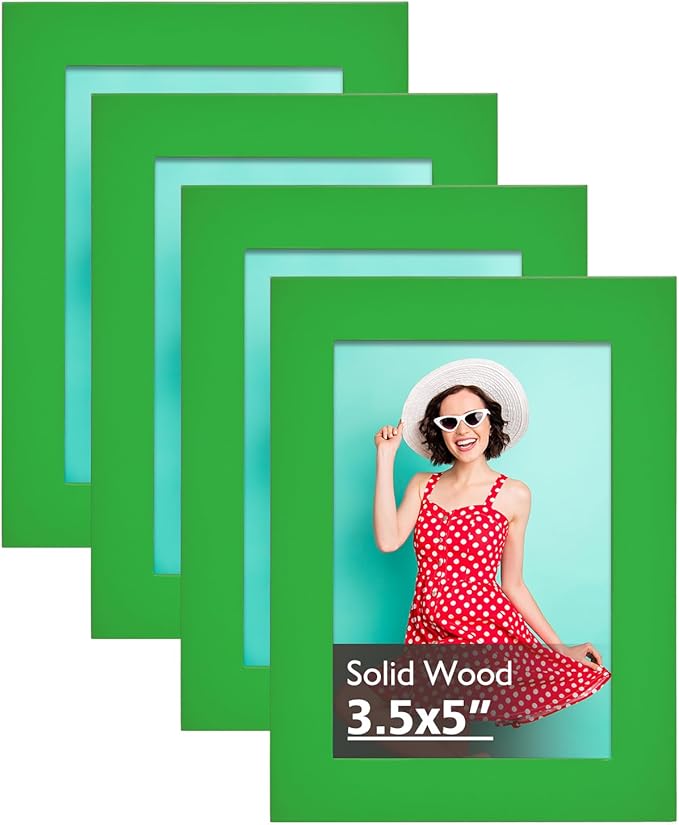 KINLINK 3.5x5 Picture Frame Grass Green, Solid Wood Frames with Plexiglass for Table Top and Wall Mounting, Photo Frames for Horizontal or Vertical Display, 4 Pack